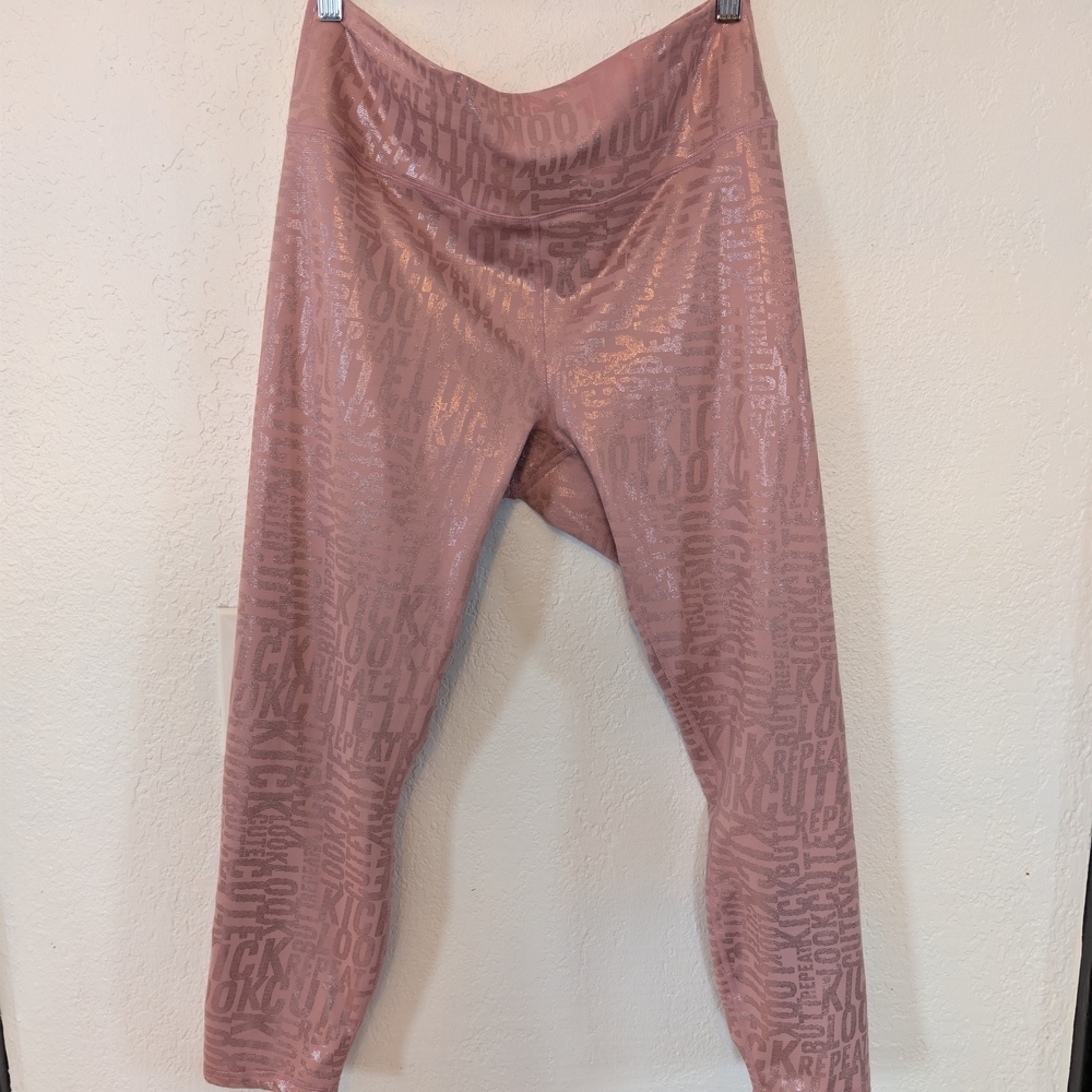 Fabletics‎ Powerhold High Waisted Leggings Pink Sparkle Holographic Spell Out